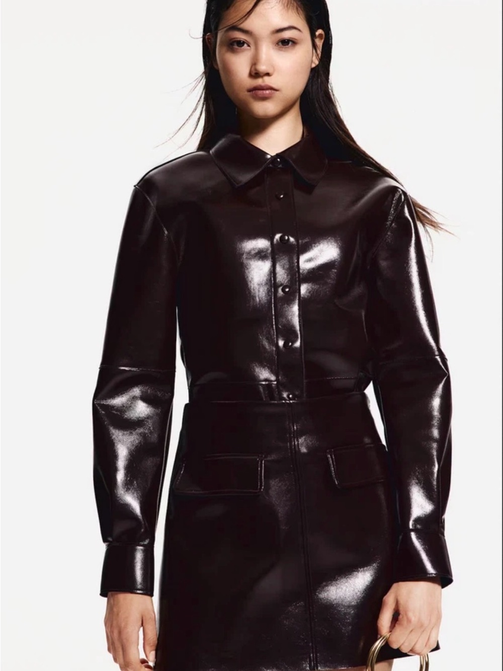 H&M Studio NWT Women’s Burgundy Patent/ coated Leather Button-Front Shirt